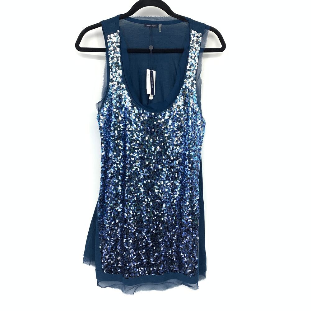 Magaschoni Top XL Blue Sequin Front Silk Wool Sleeveless Tank Scoop Neck NWT